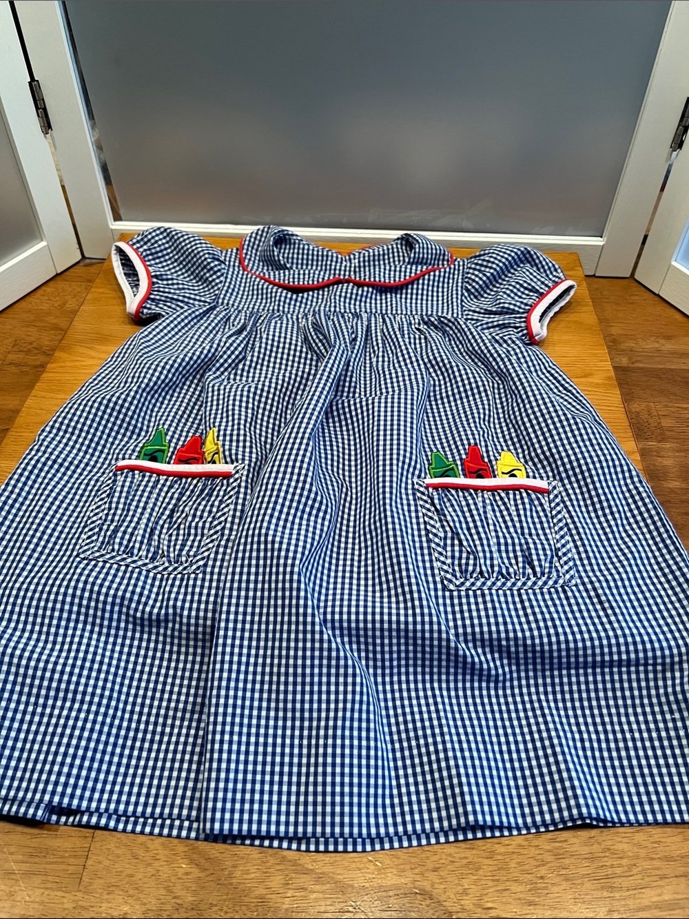 Stitchy Fish Color Me Happy Appliqué Dress Blue Gingham Crayon Pockets 4T